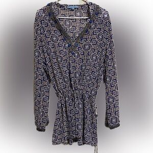 ANTONIO MELANI  L Beaded Neck Geometric Waist Tie Top Semi Sheer